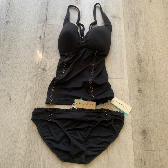NWT Seafolly Black Tankini Black Ladder Trim Swimsuit Set Sz 14/14DD